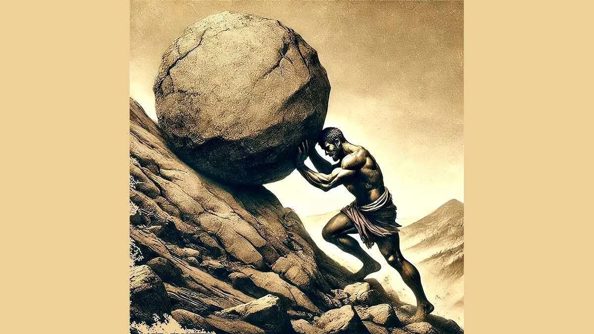 Sisyphos Felsbrocken Block Mythologie Griechenland Arbeit Mühe Strafe Hang · AVENTIN Storys