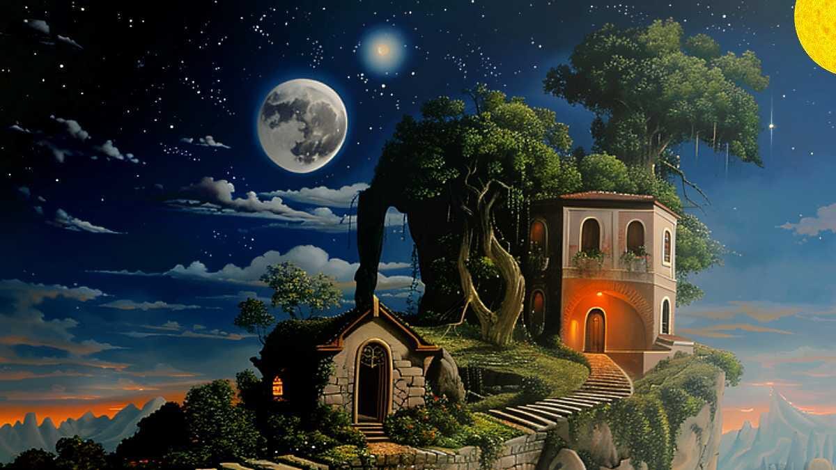 Himmel über einem mystischen Haus bei Nacht