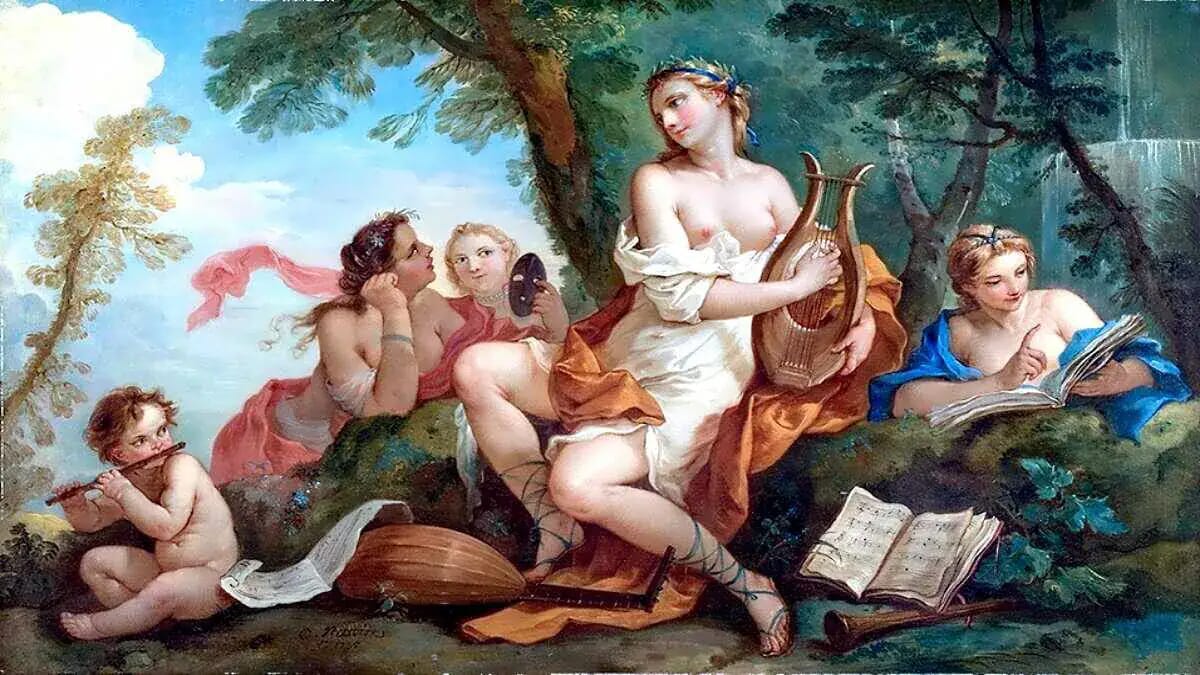 Himmlische Musikkunst und mythologische Szenen, idyllisches Landleben, Barockmalerei, AVENTIN Storys, klassische Kunst. Die Menschenalter - Muse Melpomene - Griechische Sage