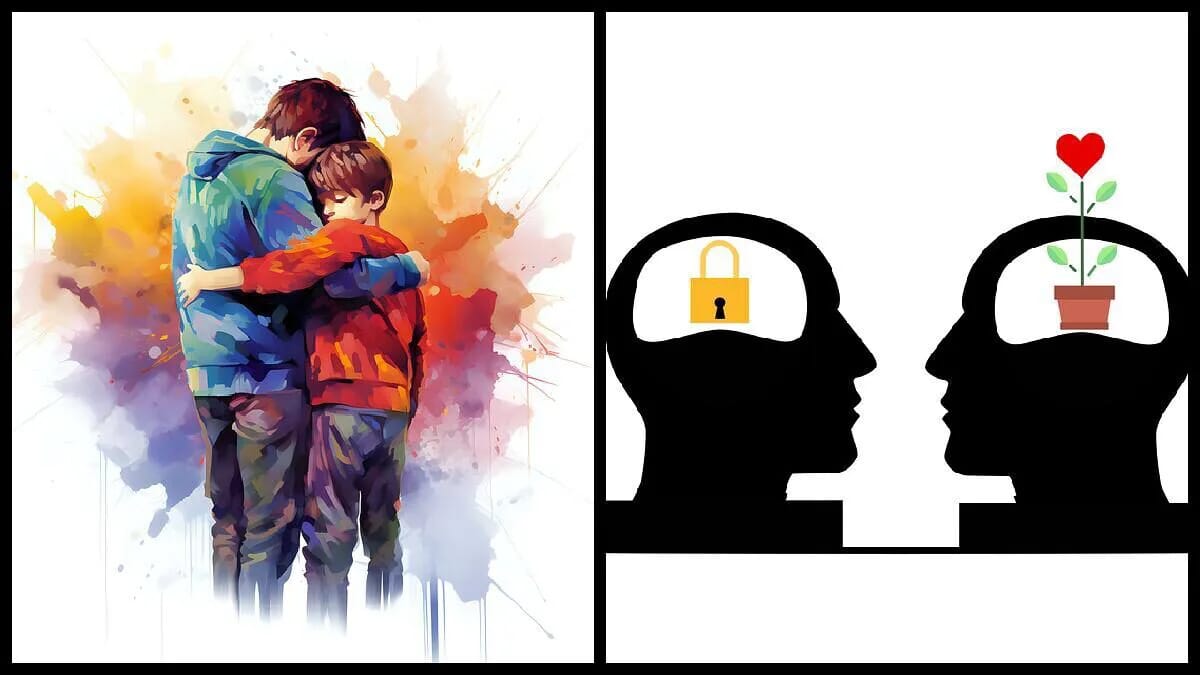 Illustration von zwei Jungen, die sich in einer Umarmung gegenüberstehen, umgeben von bunten Farben.