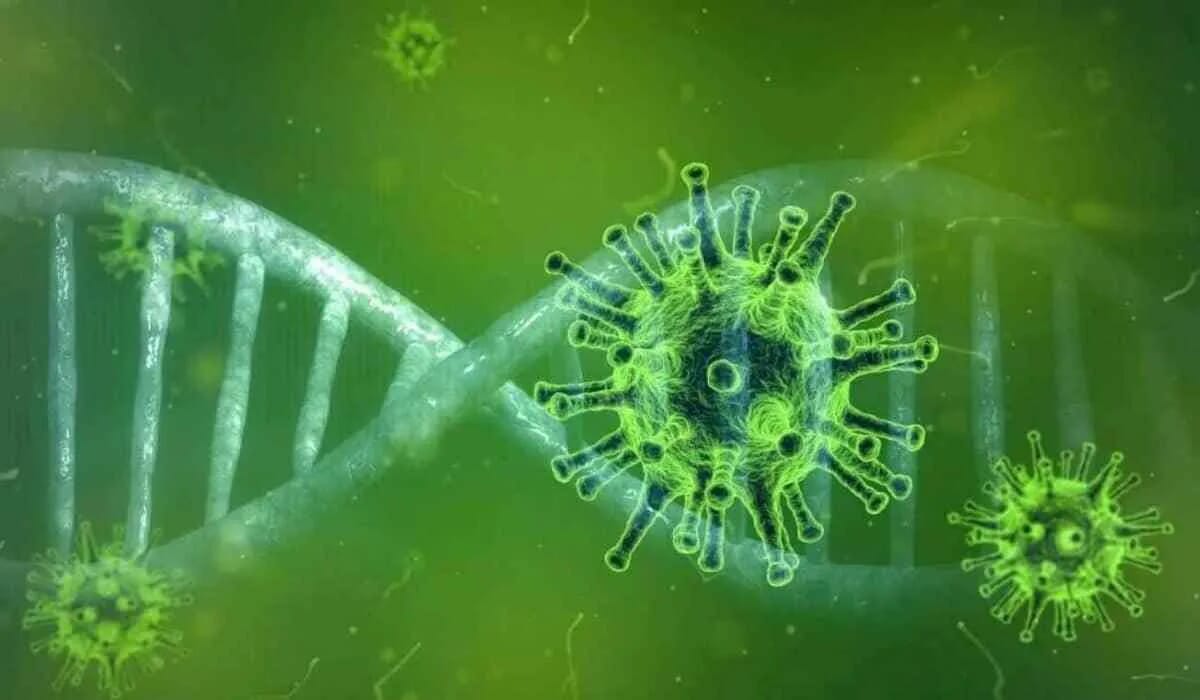 Grüne Virusgrafik mit DNA-Strang und Coronavirus-Partikeln zum Thema Corona-Covid-19-Virus von Alexander Kekulé.