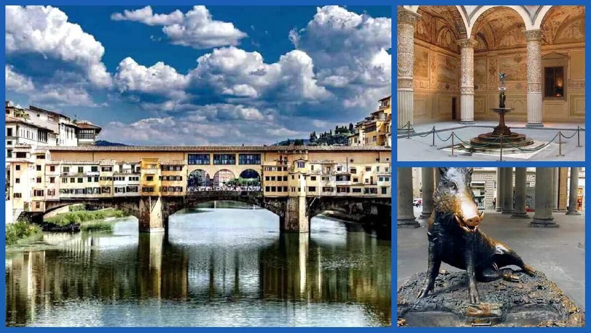Der Ponte Vecchio überspannt den Arno in Florenz; rechts ergänzen ein Innenhof und eine bronzene Wildschweinskulptur das Stadtbild.