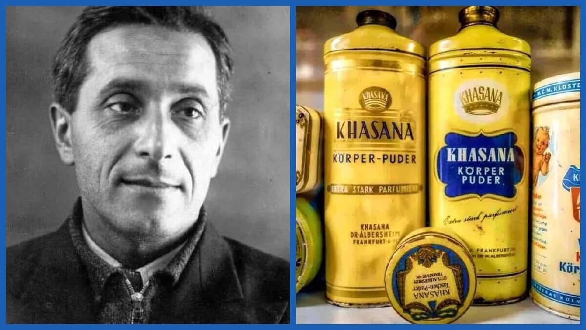 Schwarz-Weiß-Porträt von Michail Soschtschenko neben historischen KhAsAnA-Dosen mit Körperpuder und rosa Puder.