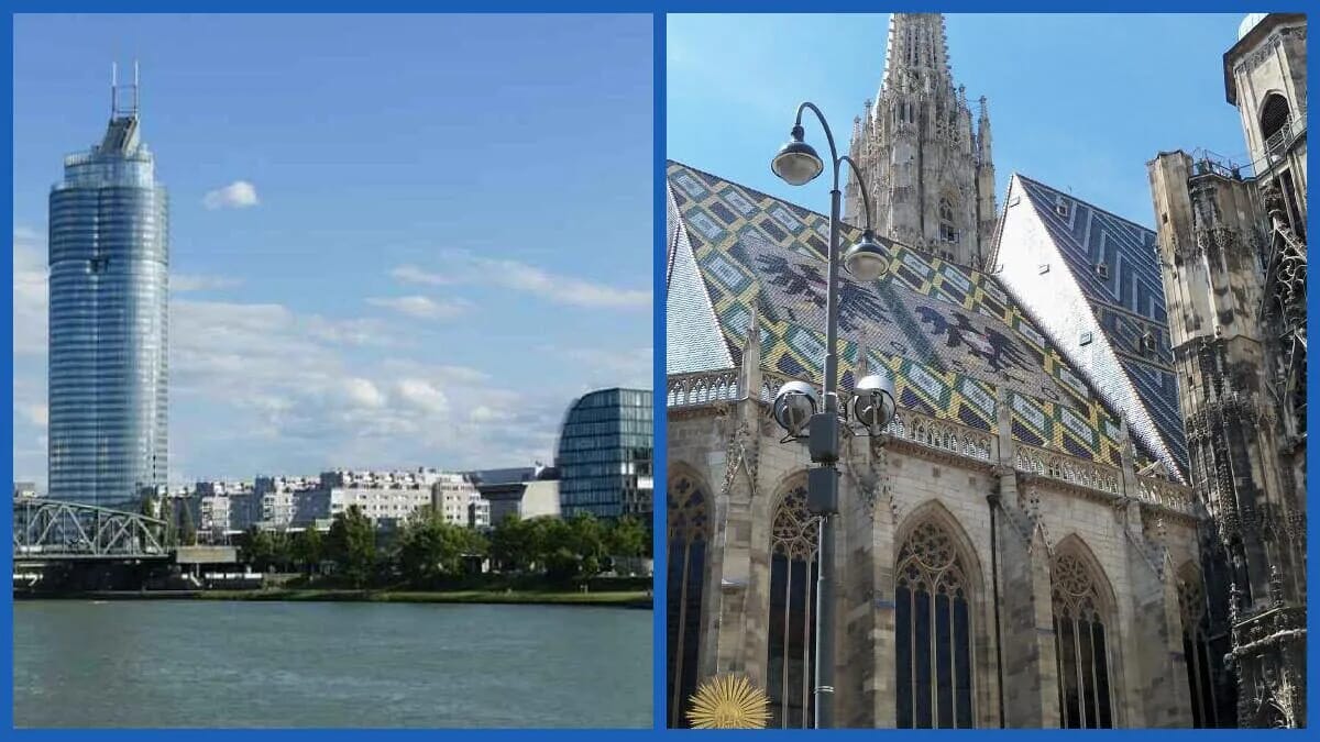 Zwei Ansichten von Wien zeigen den Donaukanal mit moderner Skyline und den gotischen Stephansdom mit buntem Dach.