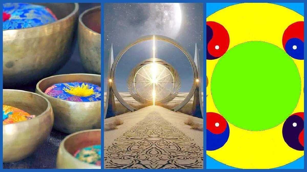 In drei farbigen Bildfeldern erscheinen Klangschalen, ein strahlendes Gesetzesrad und ein Falun-Diagramm zu Falun Gong.