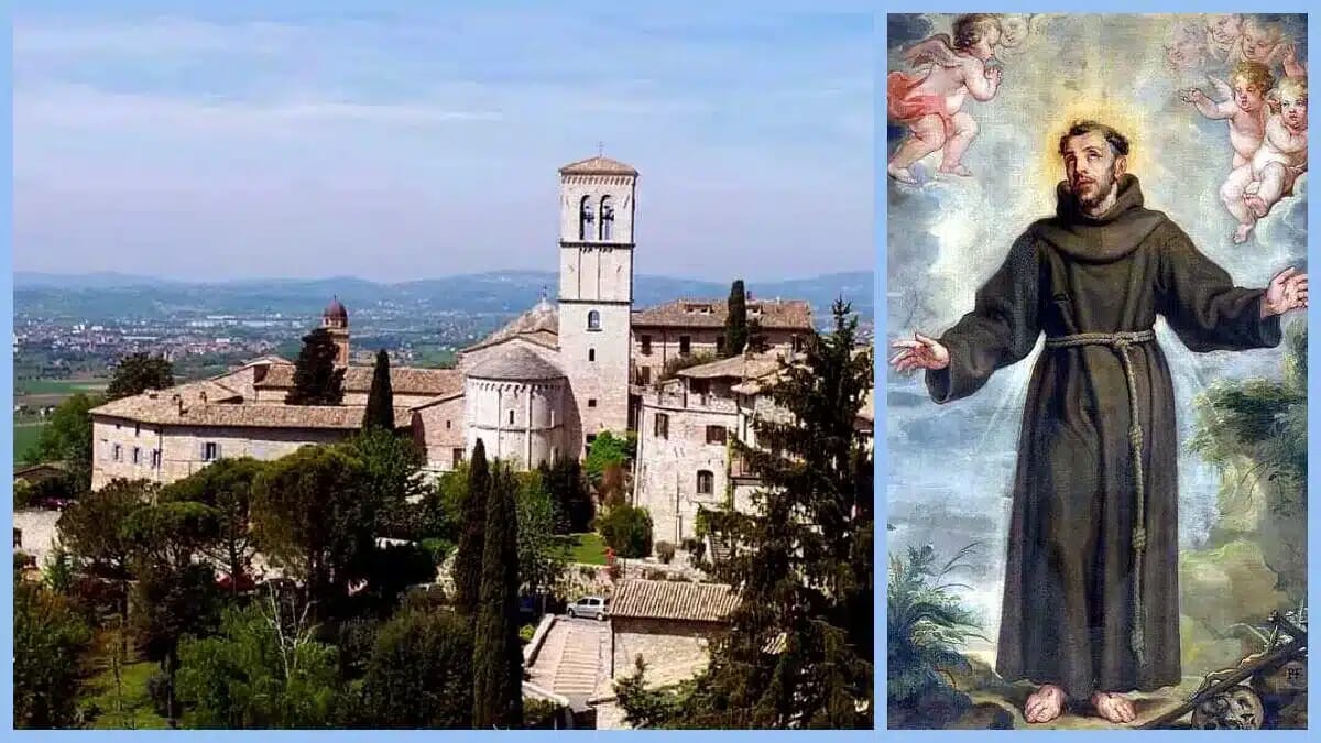 Ein Kloster auf einem Hügel steht neben einer Darstellung von Franz von Assisi mit ausgebreiteten Armen und Mönchskutte.