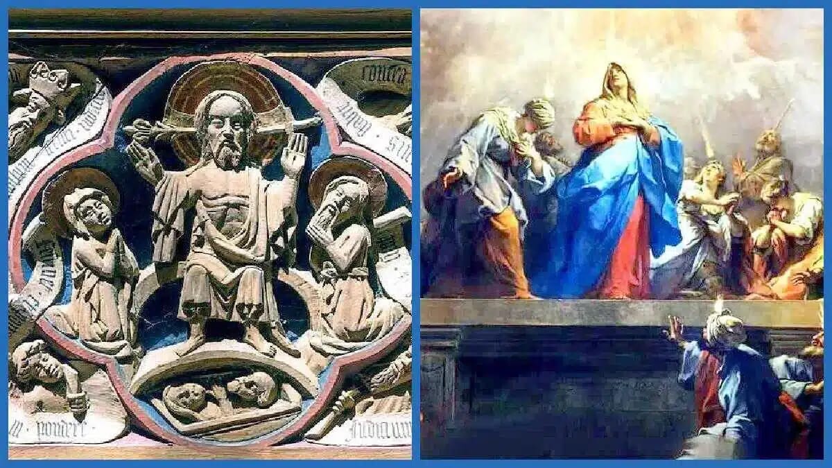 Religiöse Darstellungen zeigen Christus, Maria und Apostel in einer Pfingstszene mit feierlicher liturgischer Wirkung.