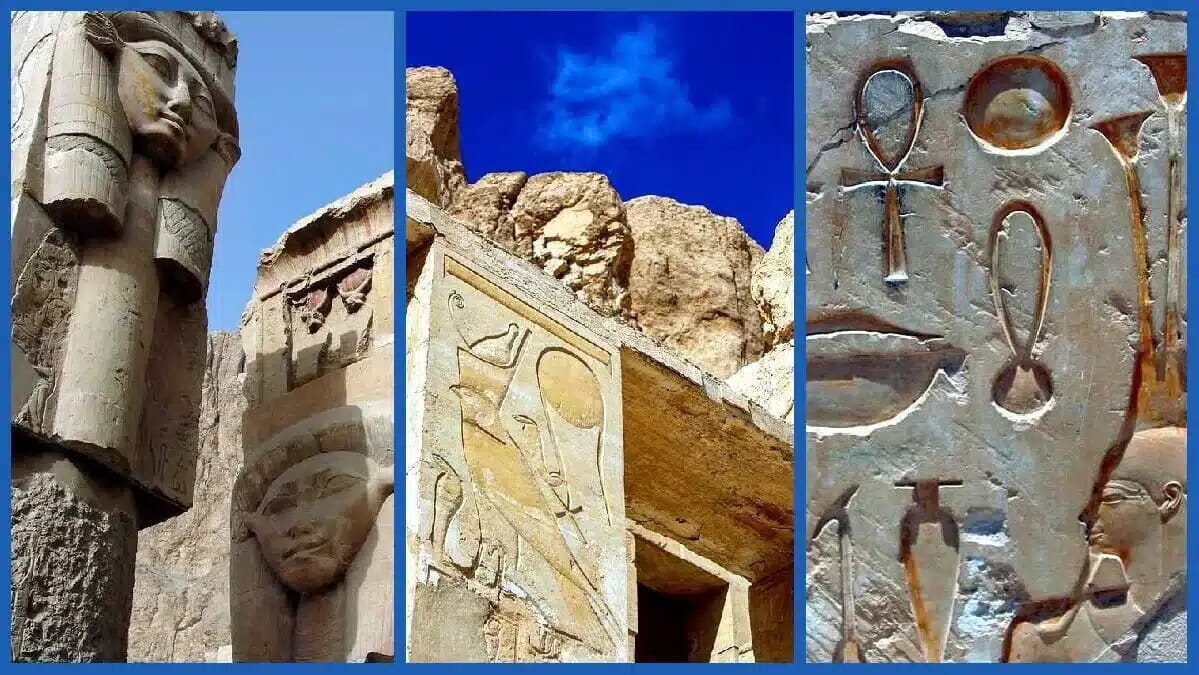 Steinerne Darstellungen von Hatschepsut erscheinen neben Hieroglyphen und Tempelreliefs aus dem Alten Ägypten.