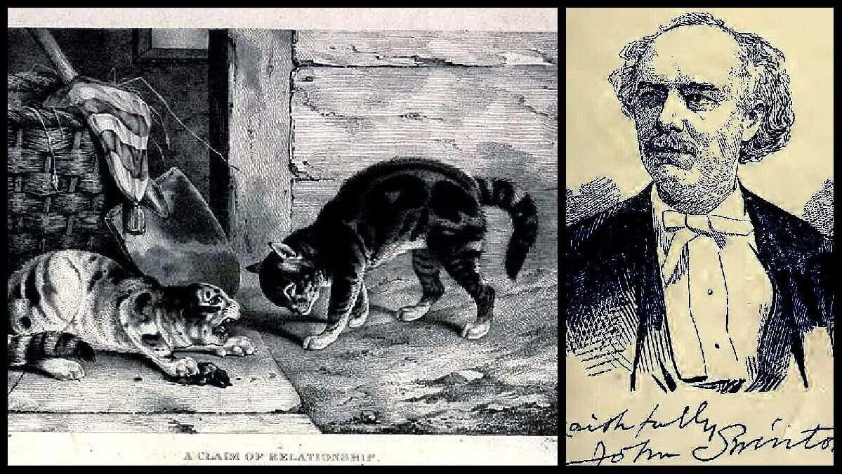 John Swinton ist neben einer Schwarzweißzeichnung mit zwei kämpfenden Katzen und dem Titel „A Claim of Relationship“ zu sehen.