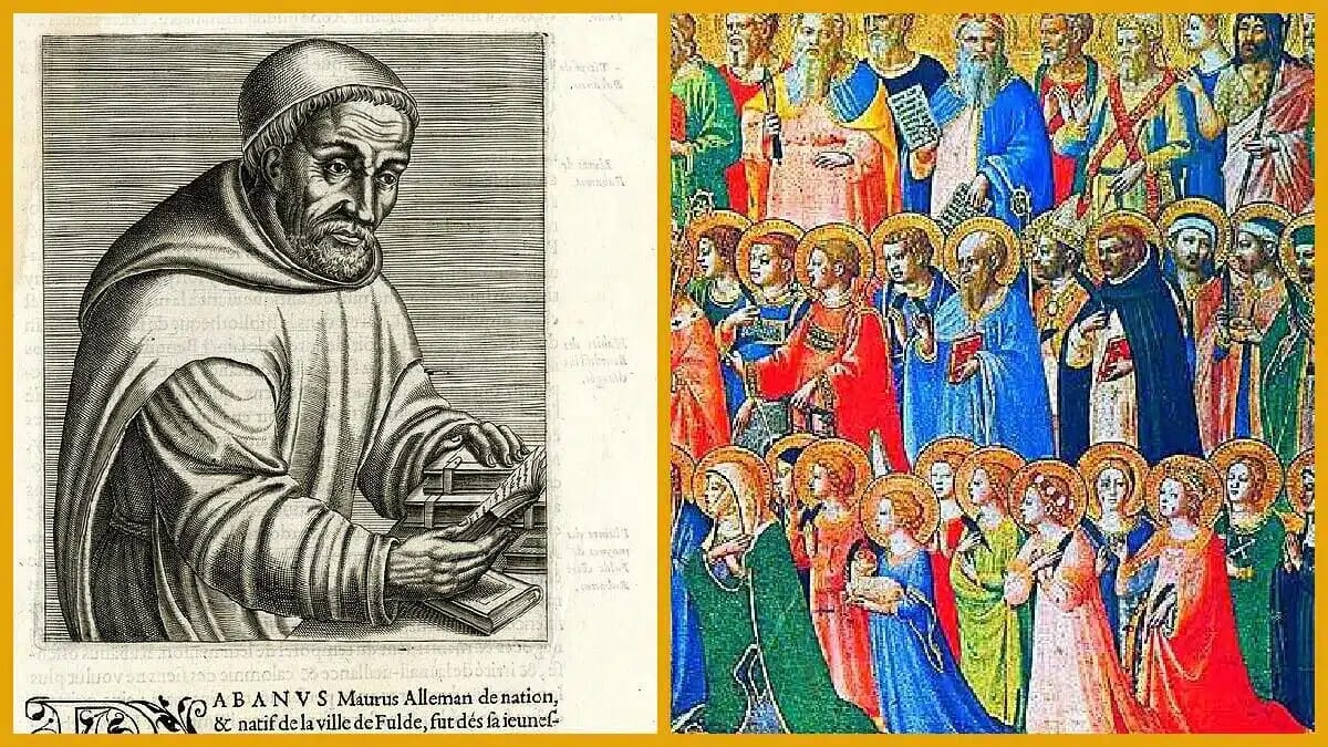 Die Darstellung zeigt Rabanus Maurus als Gelehrten neben einer farbigen Gruppe heiliger Frauen und Männer.