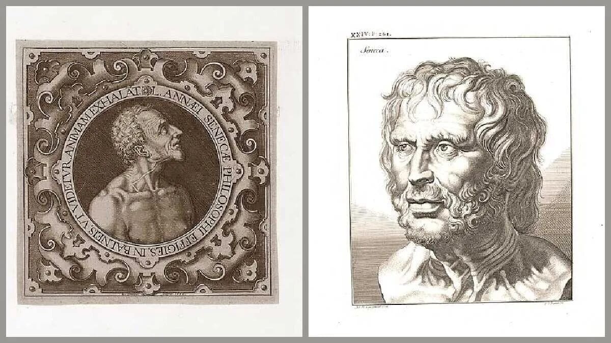 Links ein ornamentierter Kupferstich, rechts ein Porträt von Seneca mit dem Zitatkontext zu Armut und Reichtum.