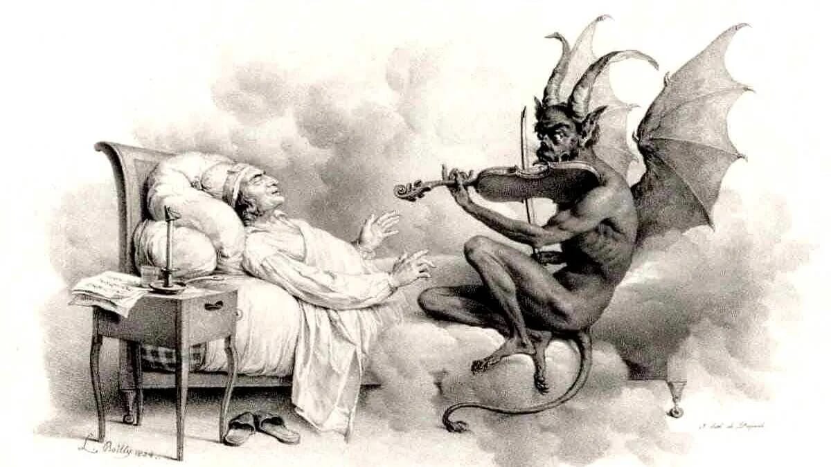 Ein gehörnter Teufel spielt Geige neben einem kranken Mann im Bett, der ihm erschrocken entgegensieht.