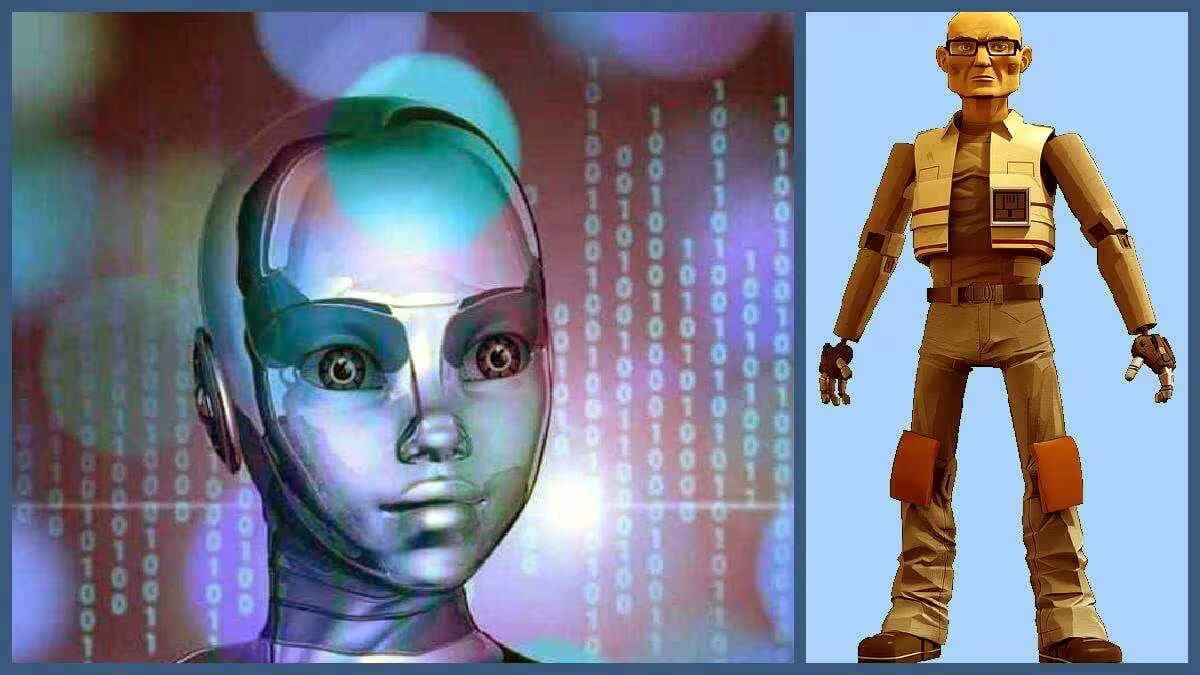 Mechanischer Mensch mit glänzender Oberfläche und digitaler Darstellung von binären Zahlen im Hintergrund.