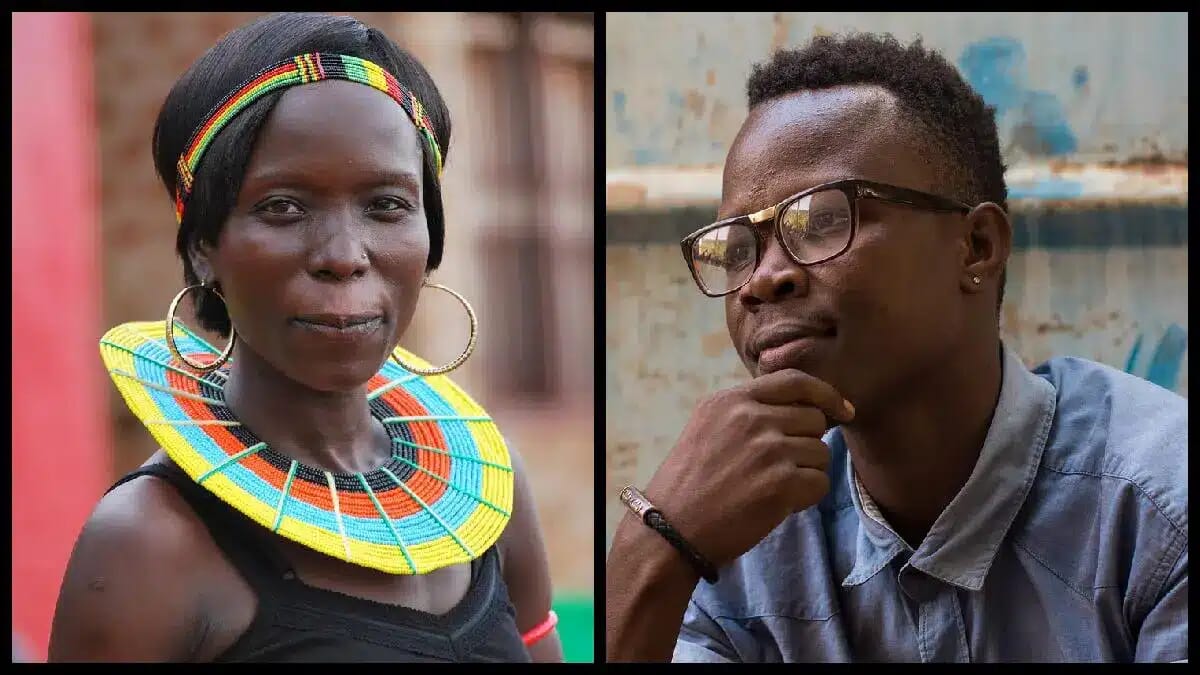 Eine Frau mit farbigem Perlenschmuck und ein Mann mit Brille zeigen zwei afrikanische Porträts zwischen Tradition und Moderne.