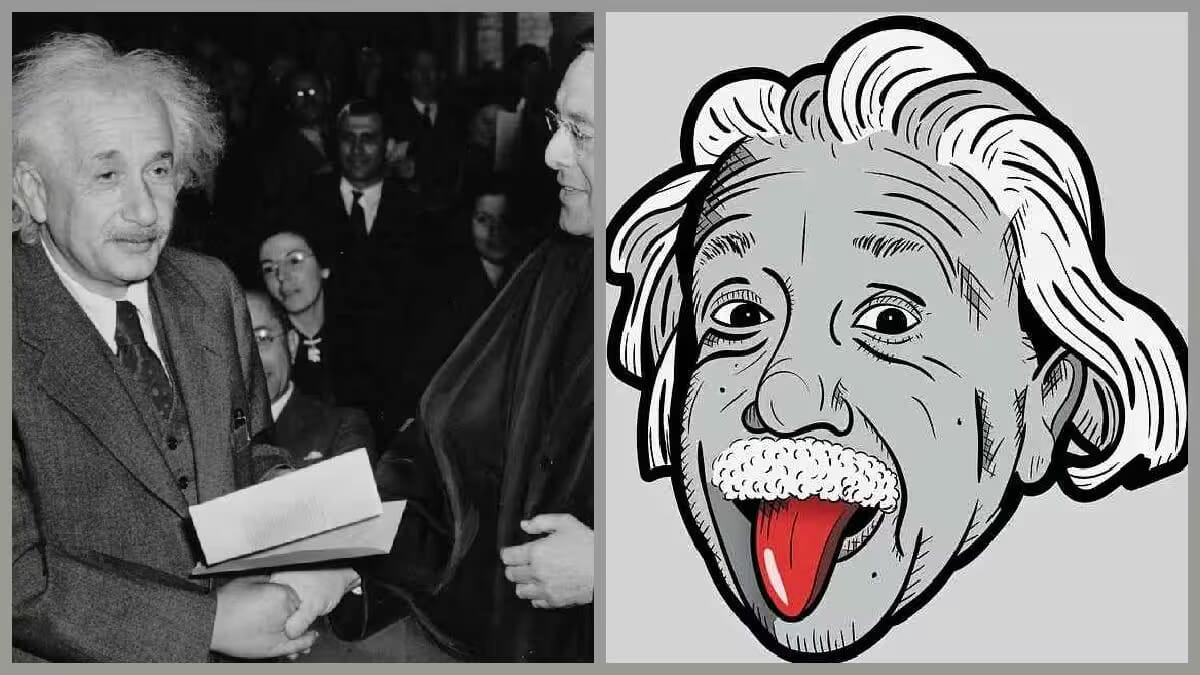 Porträt von Albert Einstein, schwarzweißes Foto und Karikatur mit roter Zunge, als Wissenschaftler und Philosoph, 1879–1955 im Umfeld von Relativität, Zeit und Raum