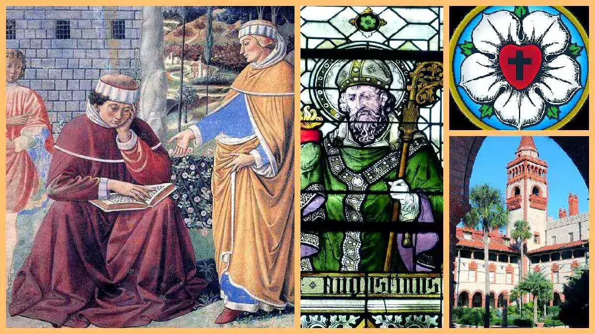 Darstellung zu Augustinus von Hippo mit Lutherrose und Kirchenfenster, dazu eine Klosterszene und ein historischer Turm im mehrteiligen Bild.