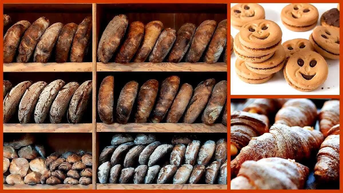 Verschiedene Backwaren in einem Collage-Layout: braune, rustikale Brote in Holzbödenregalen, eine Gruppe runder Brötchen, daneben helle Croissants bzw. Hörnchen, und Plätzchen oder Kekse im oberen rechten Panel; kulinarischer Bezug zur Brottradition