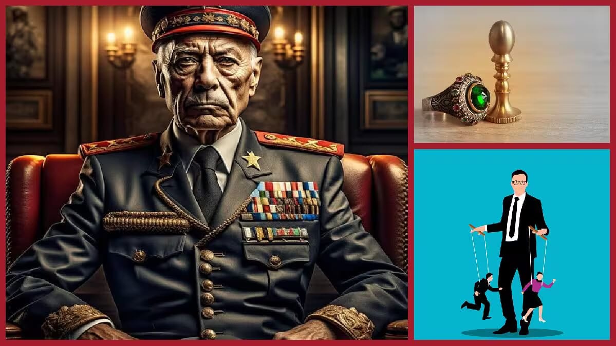 In pinker Collage erscheint der Diktator aus Thomas Bernhards Nachahmung als strenger Herrscher mit Orden, ergänzt durch Schachfigur und Marionette.