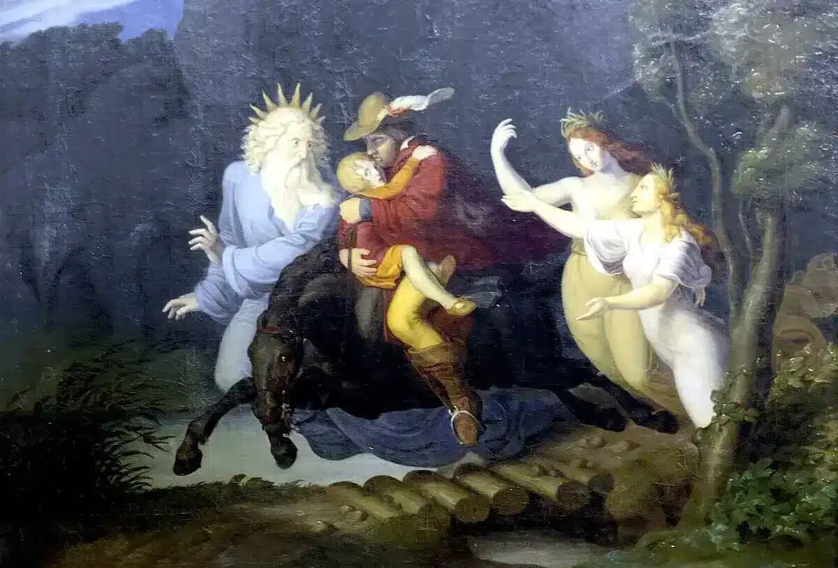 At night, a father rides fast through the forest with his child while the Erlkönig and ghostly figures confront them in Goethe's dramatic ballad.