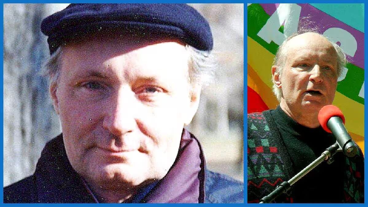 Eugen Drewermann steht im Fokus, einmal als Porträt mit Mütze und einmal mit Mikrofon vor farbigem Hintergrund, Freiheit und friedliches Zusammenleben