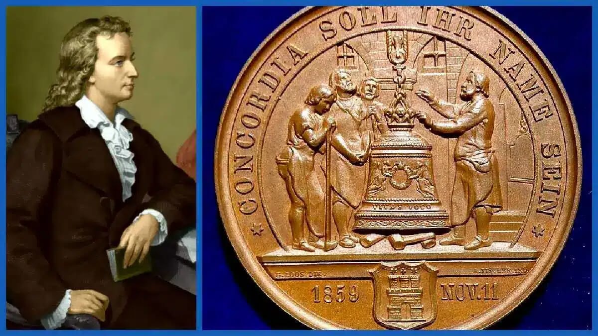Im Porträt steht Friedrich von Schiller in dunklem Rock, daneben zeigt eine bronzene Medaille seine Erinnerung mit Inschrift und Jahreszahl 1859.