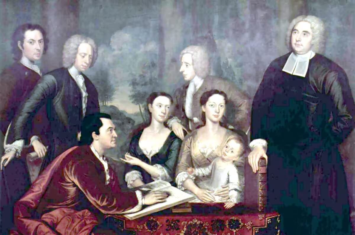 In einem barocken Gemälde sind George Berkeley und weitere Figuren zu sehen, die mit Dialogen zwischen Hylas und Philonous an »esse est percipi« erinnern.
