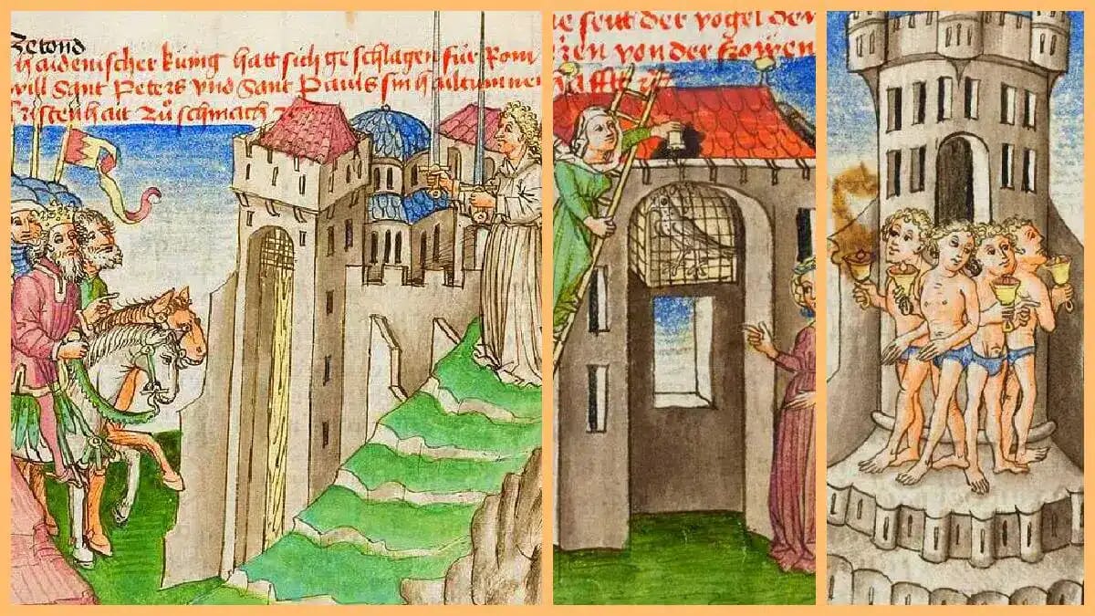 In einer mittelalterlichen Handschriftenillustration zeigt Gesta Romanorum den verschmusten Esel, der am Königshof den Herrscher erschreckt.