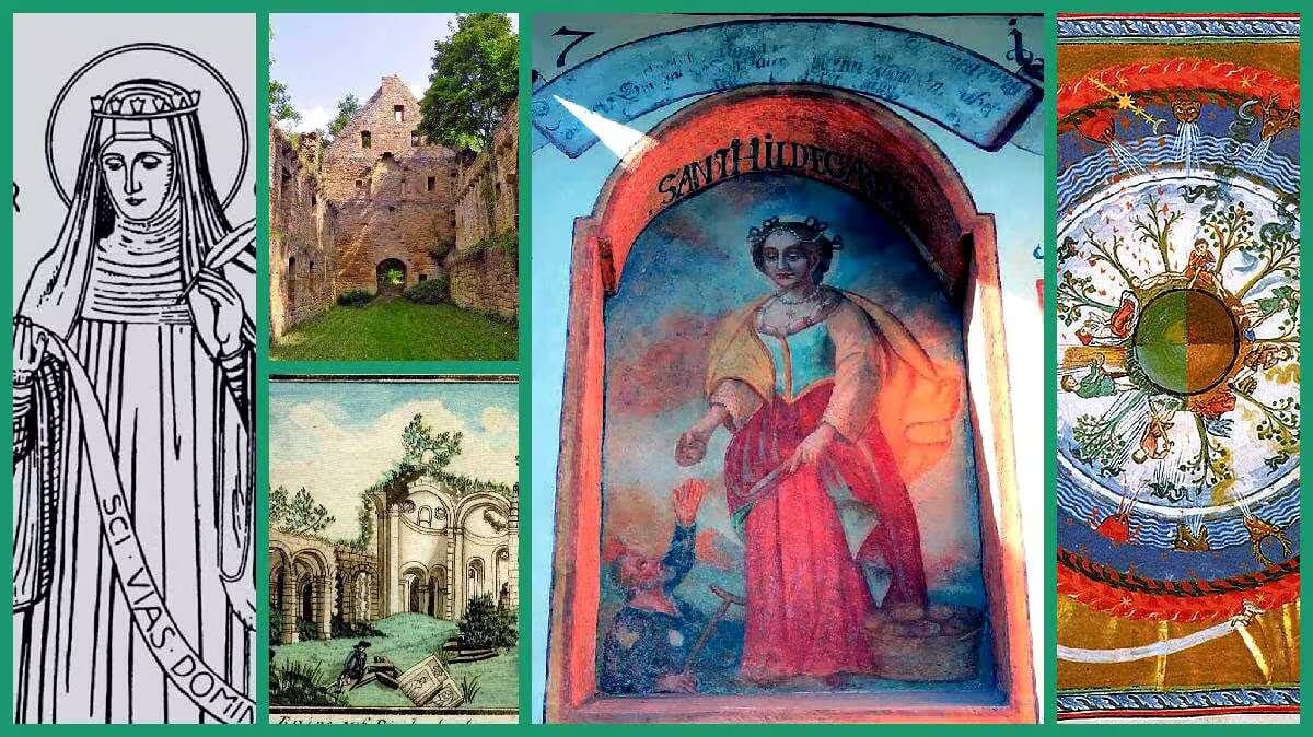 Hildegard von Bingen als Nonne und Naturärztin in einer blau-roten Darstellung, mit Kloster-Elementen und Naturmotiven aus der Naturheilkunde
