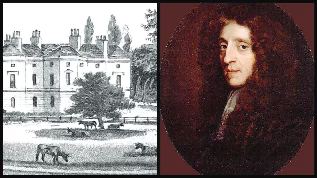 John Locke – historisches Diptychon: linke Landschaftsszene mit Gebäude und Bäumen, rechte ovales Porträt des englischen Arztes, Politikers und Philosophen
