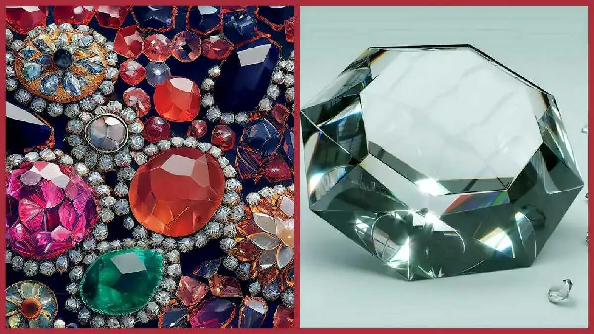 Feine Edelsteine in Rot, Pink, Grün und Blau treffen auf einen großen geschliffenen Diamanten, der an die britischen Kronjuwelen erinnert.