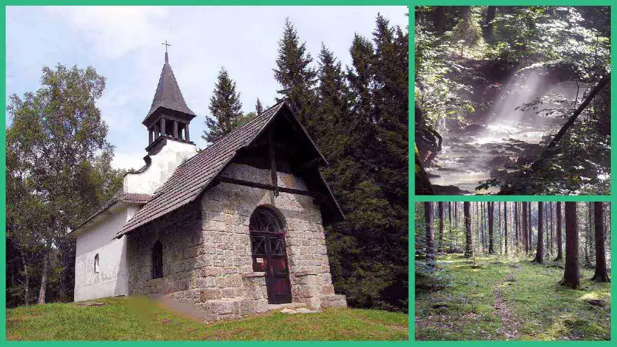 Im Böhmerwald bei Kuschwarda in Tschechien stehen eine kleine Kapelle, ein lichter Waldpfad und ein sonnenbeschienener Bachlauf.