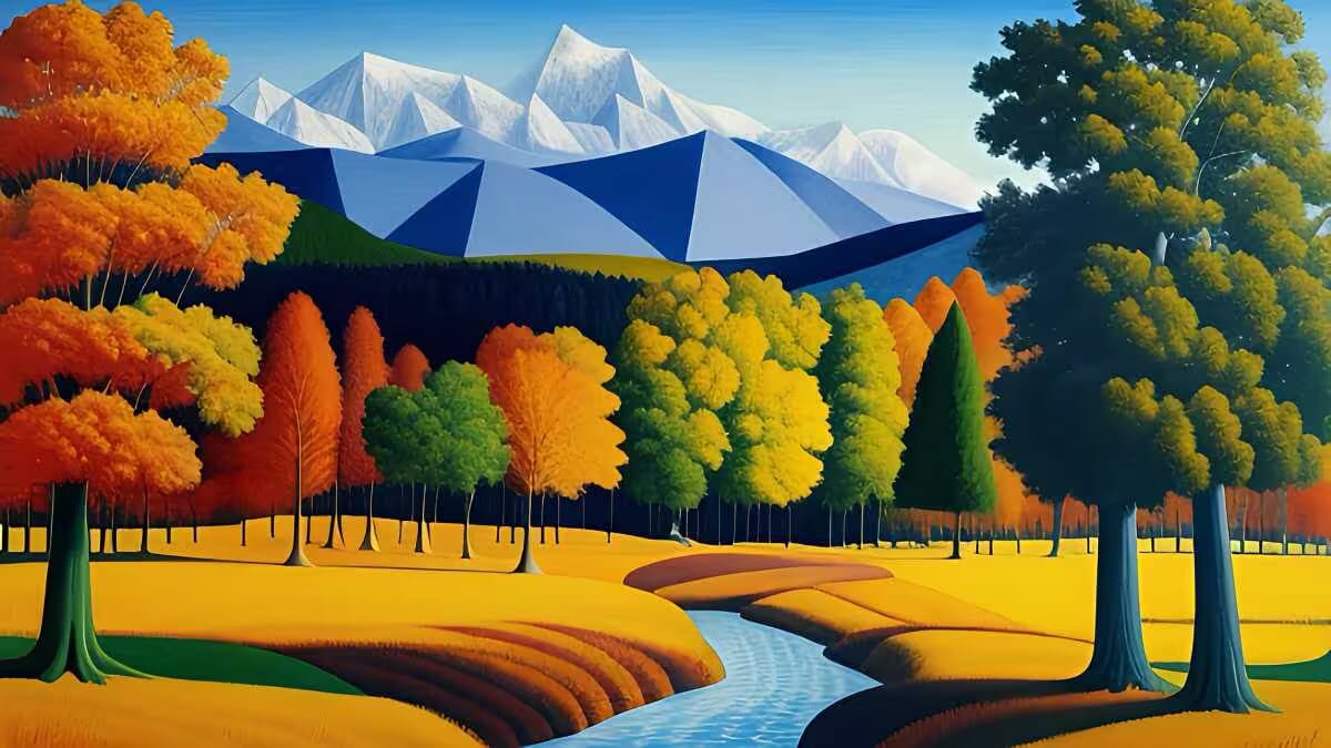 Ein surreal wirkender Bach schlängelt sich durch einen bunten Wald mit Bäumen in leuchtenden Farben und geometrisch geformten Bergen im Hintergrund