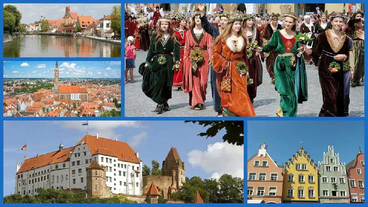 In Landshut zeigt die Collage die Landshuter Hochzeit, Burg Trausnitz, den Martinsturm und die Altstadt mit den bunten Giebelhäusern.
