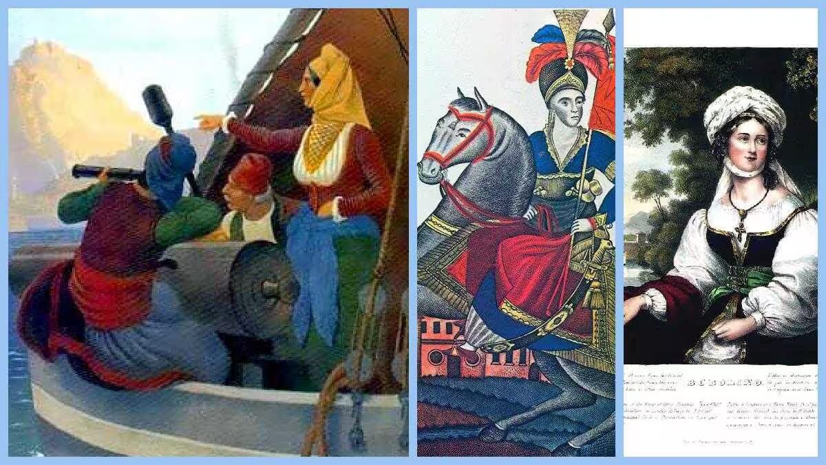 Laskarina Bouboulina Pinotsis als Admiralin und See-Kommandantin, mit rot-blau-weißer Darstellung, an Szenen auf See und in Porträtform angelehnt.