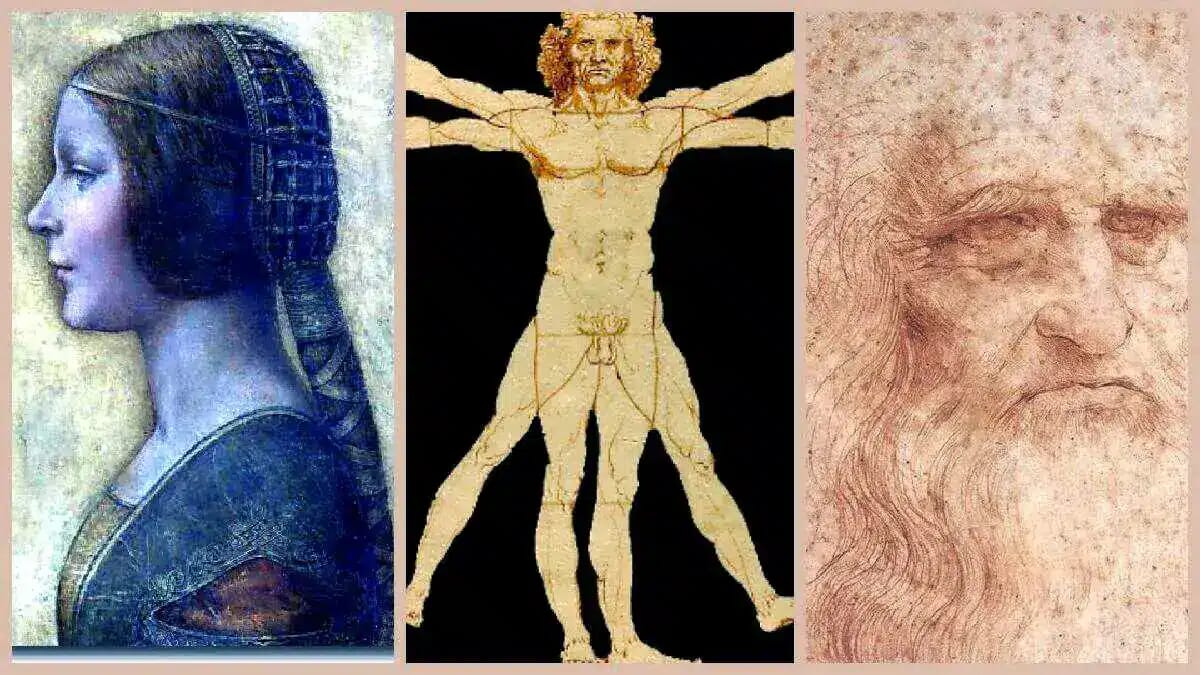Leonardo da Vinci verbindet hier ein blaues Profilporträt, den Vitruvianischen Menschen und eine rotbraune Porträtskizze aus Italien.