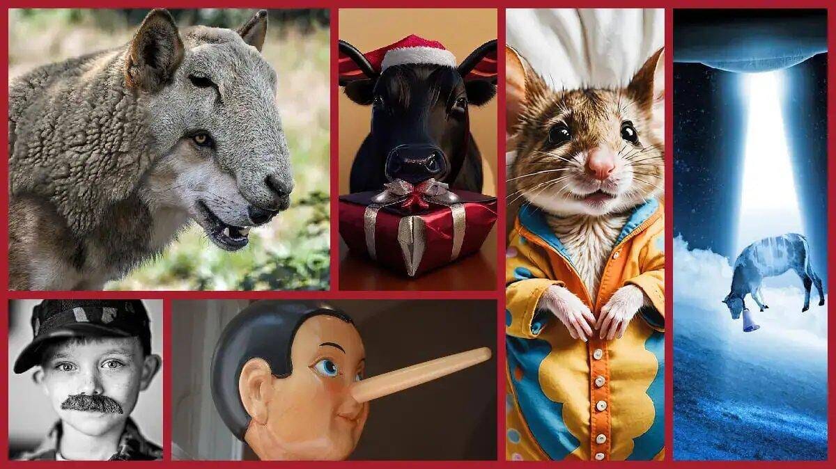 Mehrere Motive zeigen Lügen und Halbwahrheiten, von Pinocchio über einen langen Haken bis zu einer Täuschung mit Tiermotiven und einem UFO-Licht.
