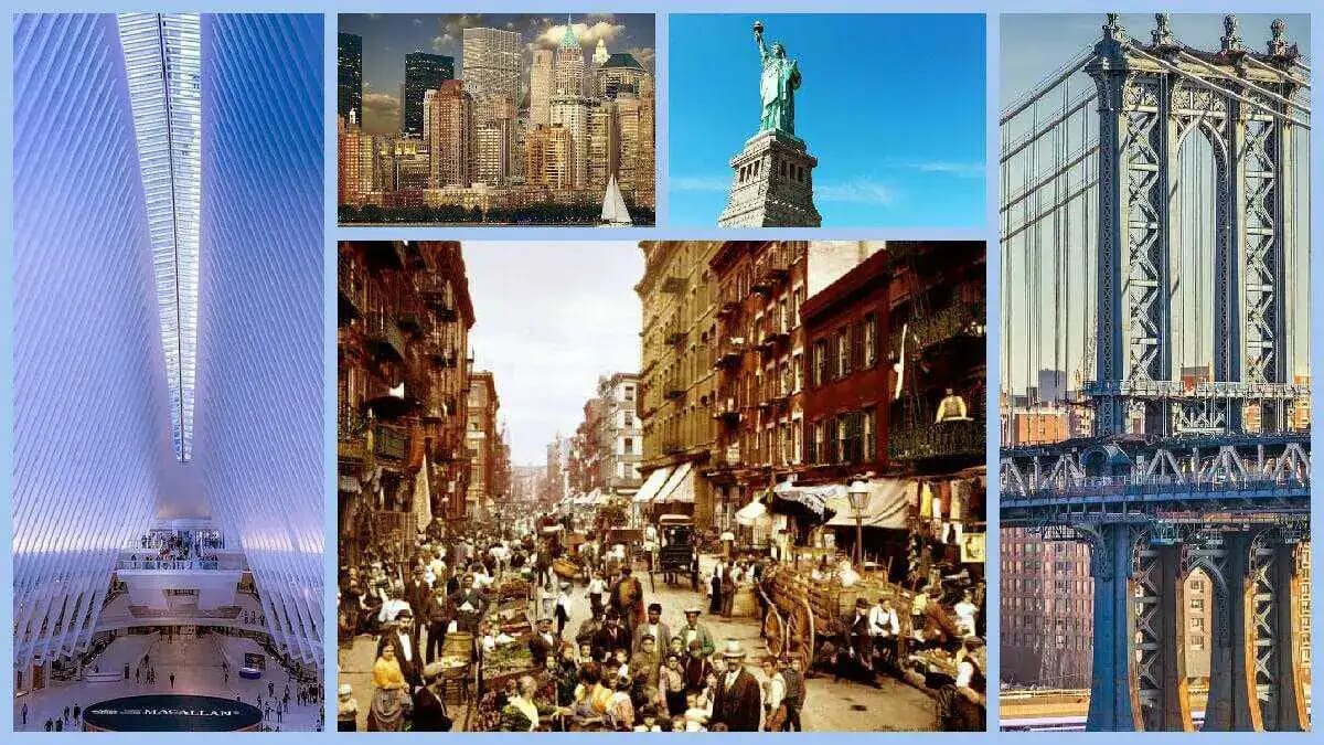 New York City mit Manhattan, Freiheitsstatue und Brooklyn Bridge in einer historischen Bildcollage zum Kapitel Gerichtsverhandlung.