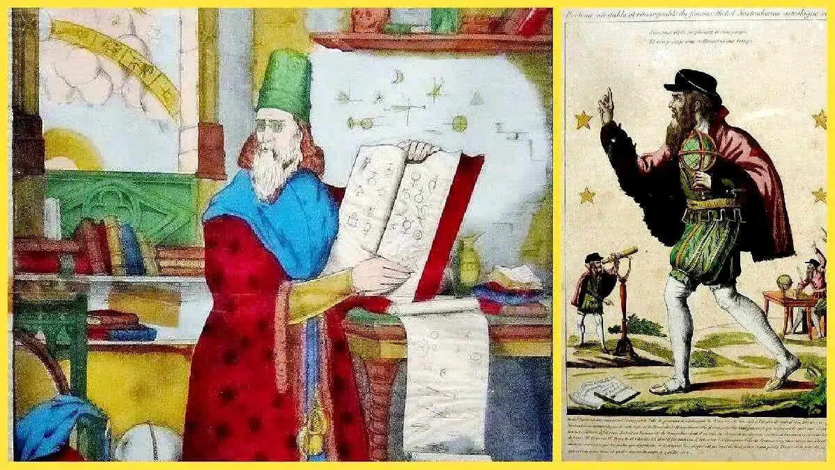 Nostradamus hält ein aufgeschlagenes Buch mit astrologischen Zeichen, während eine zweite historische Darstellung ihn mit Globus und Gestus zeigt.