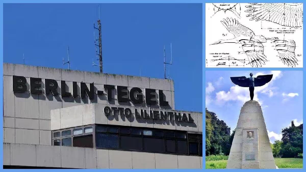 Blick auf das Otto Lilienthal Umfeld mit Hinweis am Flughafen, daneben ein steinernes Denkmal für Vogelflug und Fliegekunst vor blauem Himmel.