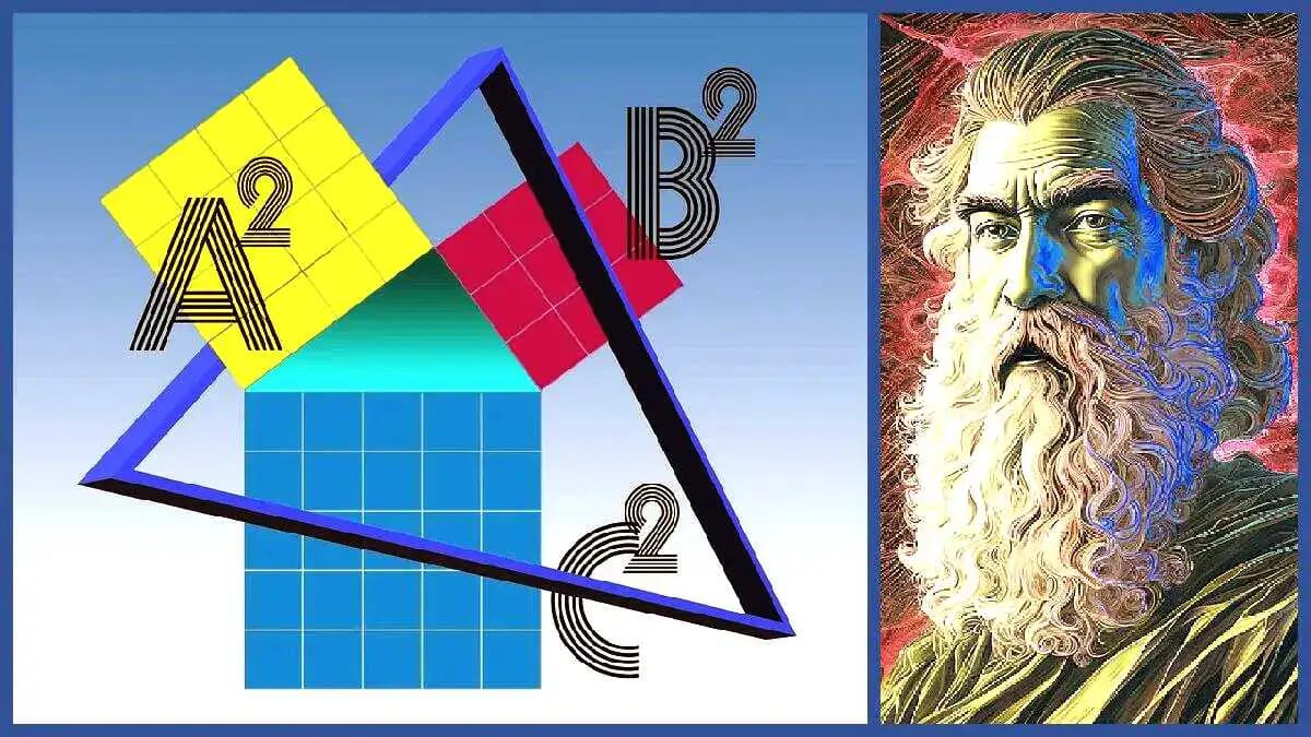 Eine antike Porträtdarstellung von Pythagoras von Samos steht neben farbigen geometrischen Formen und dem Zahlensymbol der goldenen Lehre.