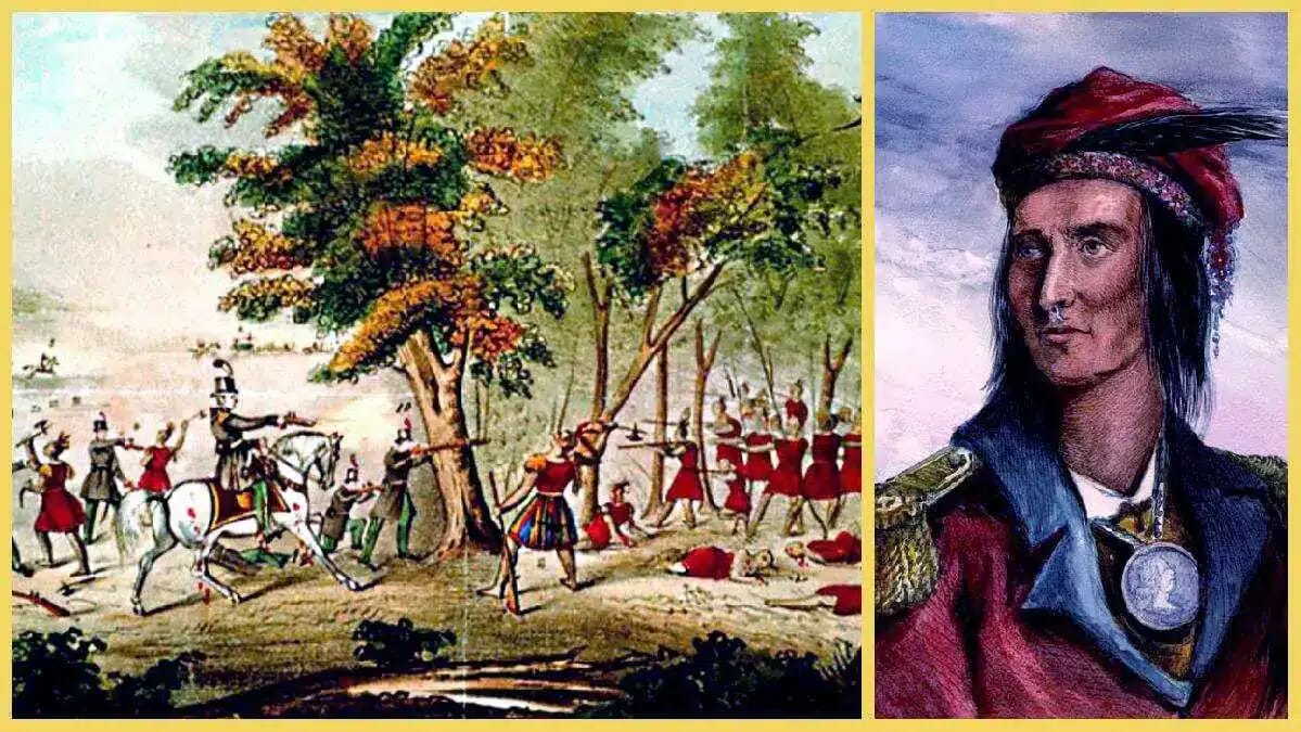Mit roten Gewändern und Kriegsbemalung erscheint Tecumseh in einer historischen Darstellung als Shawnee-Häuptling zwischen Reitern und Kriegern.