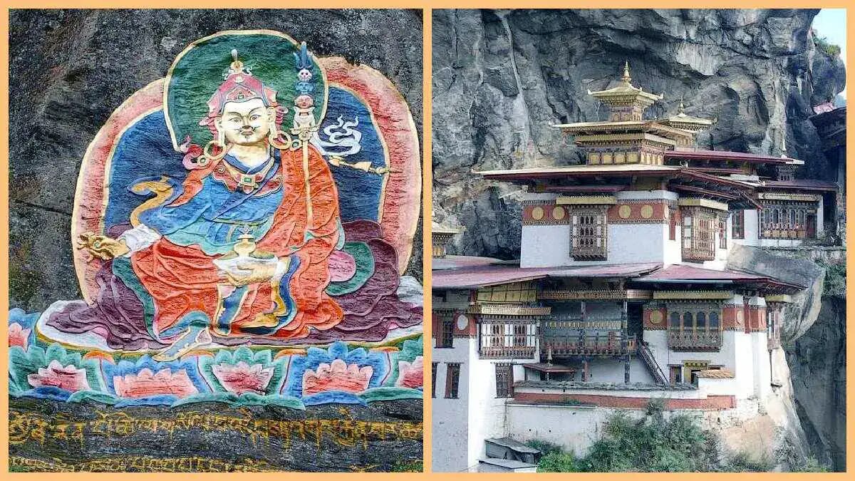 Ein farbiges Wandbild von Sogyal Rinpoche steht neben einem buddhistischen Kloster in Bhutan, das direkt an eine steile Felswand gebaut ist.