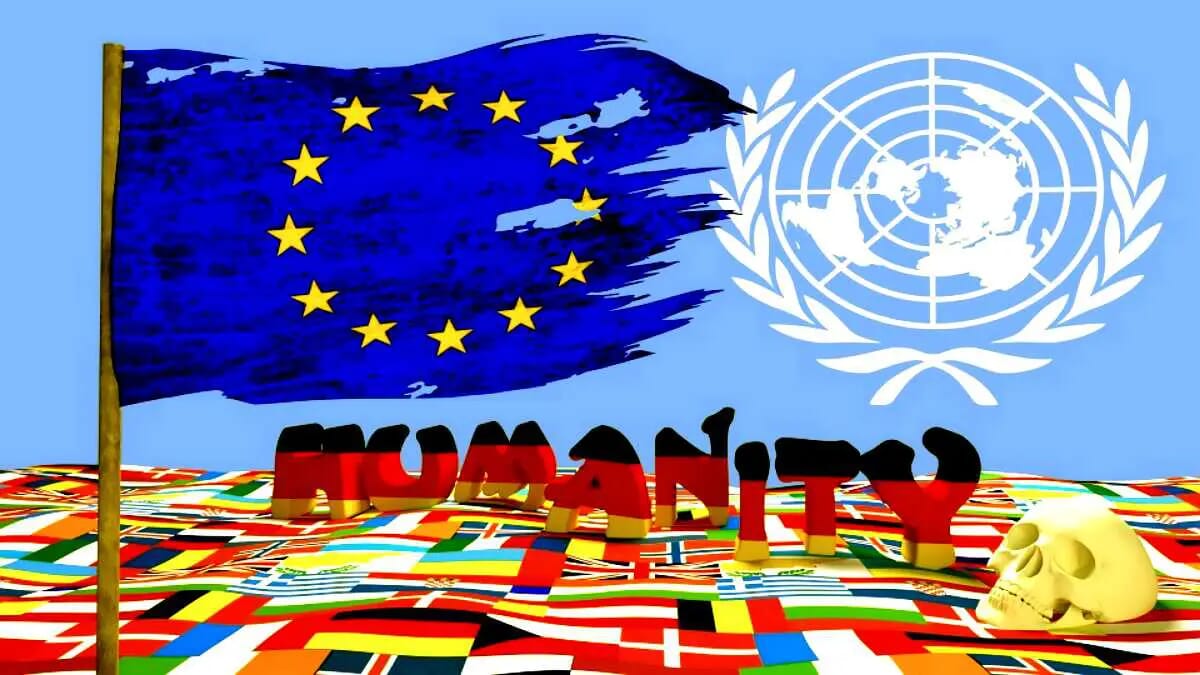 Vor blauem Hintergrund stehen WHO-Logo, EU-Sternenkranz, der Schriftzug Humanity und viele Länderflaggen für globale Gesundheit.