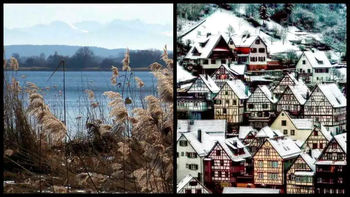 Bei Hase und Igel treffen ein winterlicher See mit Schilf und ein verschneites Dorf mit Fachwerkhäusern aufeinander, passend zur Aesop Fabel.
