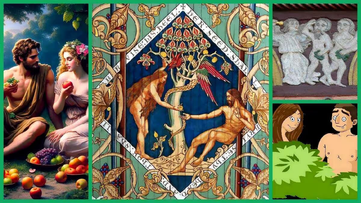 Darstellung von Adam und Eva bei der Vertreibung aus dem Paradies mit einem Baum und Engel.