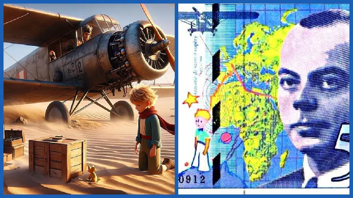 Antoine de Saint-Exupéry, französischer Schriftsteller und Pilot, mit einem Flugzeug im Hintergrund.