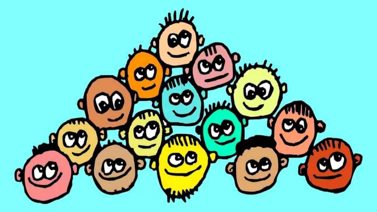 Illustration von mehreren Menschen mit unterschiedlichen Hauttönen und Gesichtsausdrücken in lebhaften Farben.