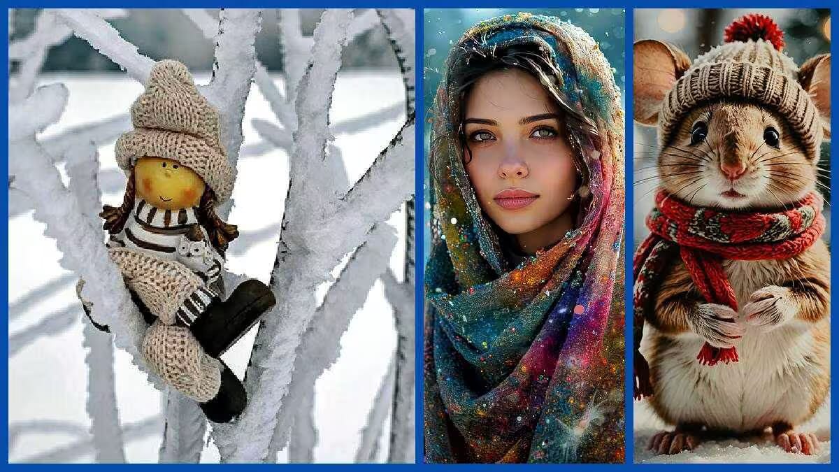 Eine Puppe mit Winterkleidung, Mütze und Schal, die auf einem Baum sitzt, umgeben von Schnee.