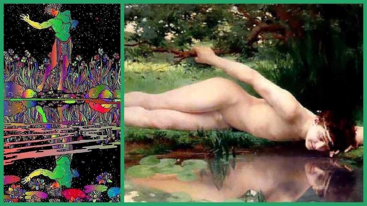 Künstlerische Darstellung von Narziss, der in einen Teich blickt, umgeben von Pflanzen und Wasserlilien.