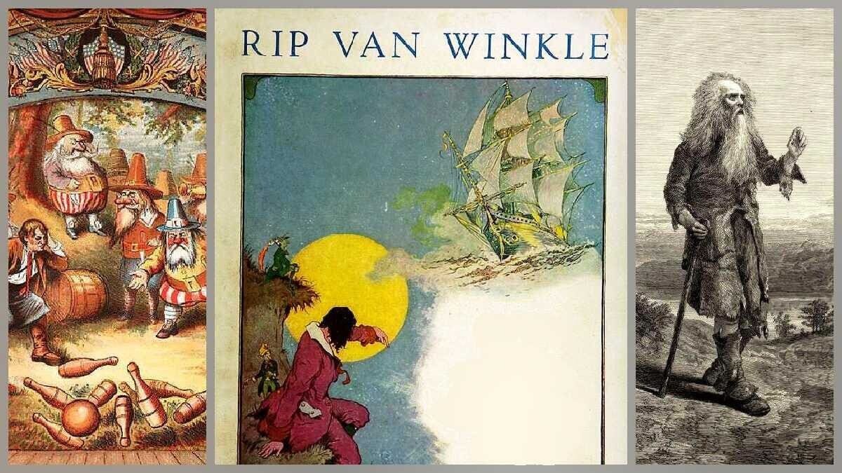 Illustrationen zur Kurzgeschichte 'Rip Van Winkle' von Washington Irving mit verschiedenen Szenen und Charakteren.